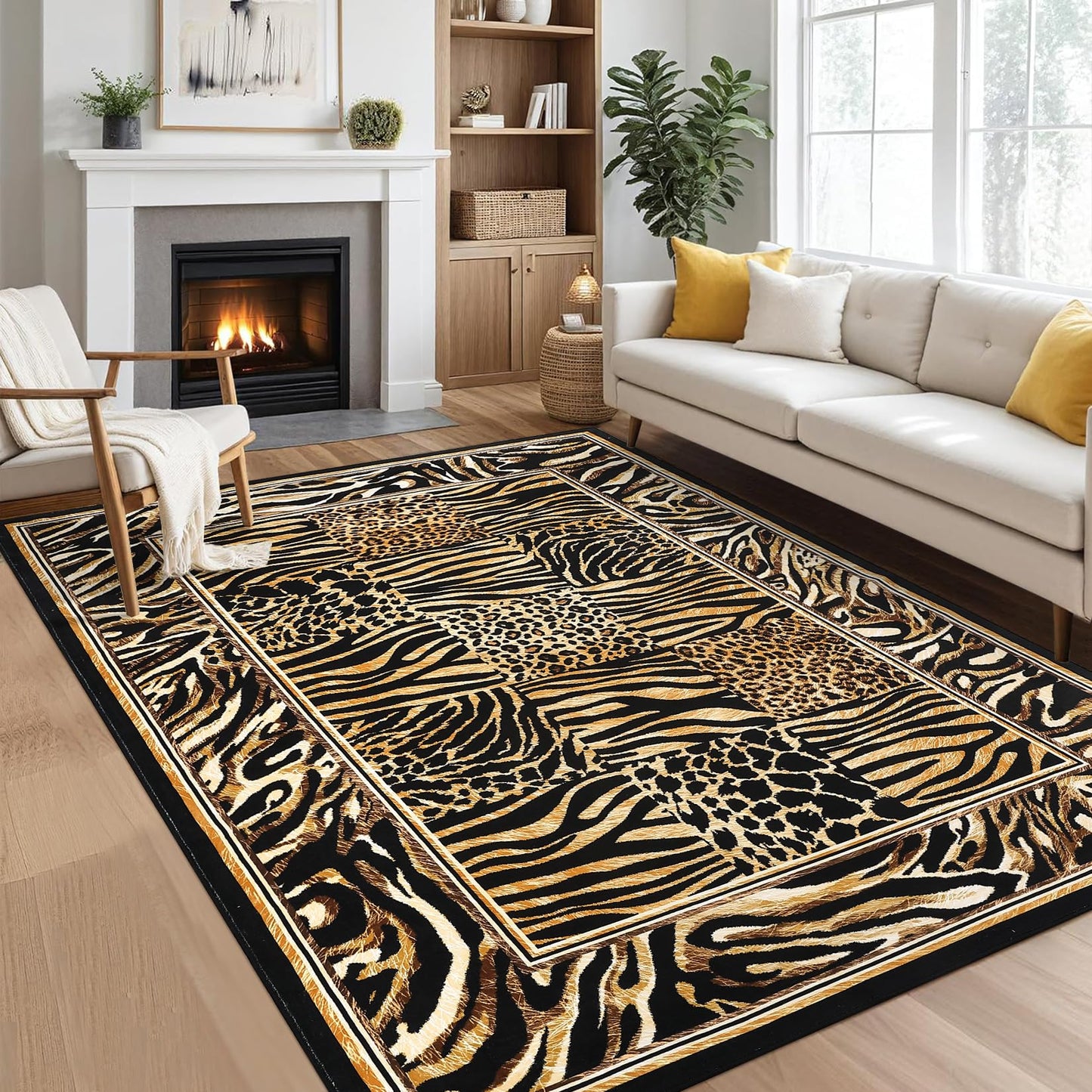 Leopard Rug 5x7 Washable, Soft Leopard Patchwork Print Living Room Large Rug Carpet Non-Slip Low Pile Carpet for Office Bedroom Dining Room, Brown