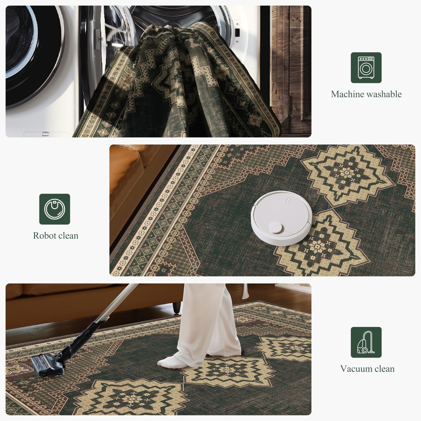 Clemile 4x6 Oval Rug - Washable Ultra-Thin Living Room Rug Non-Slip Vintage Carpets - Soft & Stain Resistant Rug for Kitchen Bedroom Living Room Forest Brown