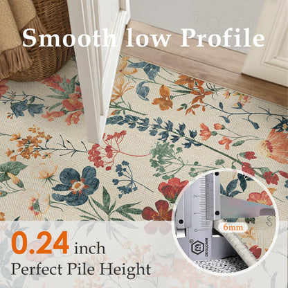 PureCozy Floral Easy Jute Rug 8x10 Living Room Bedroom Carpet Washable Large Non Slip Indoor Farmhouse Non Shedding Herringbone Rug for Dining Room Office