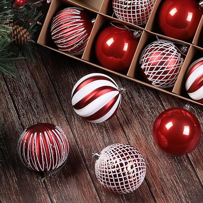 SHareconn 80mm Christmas Balls Ornaments,12PCS Colored Shatterproof Plastic Decorative Hanging Tree Decorations Baubles Set for Xmas Tree Decor Holiday Party Wedding Decoration with Lanyard, Red&White