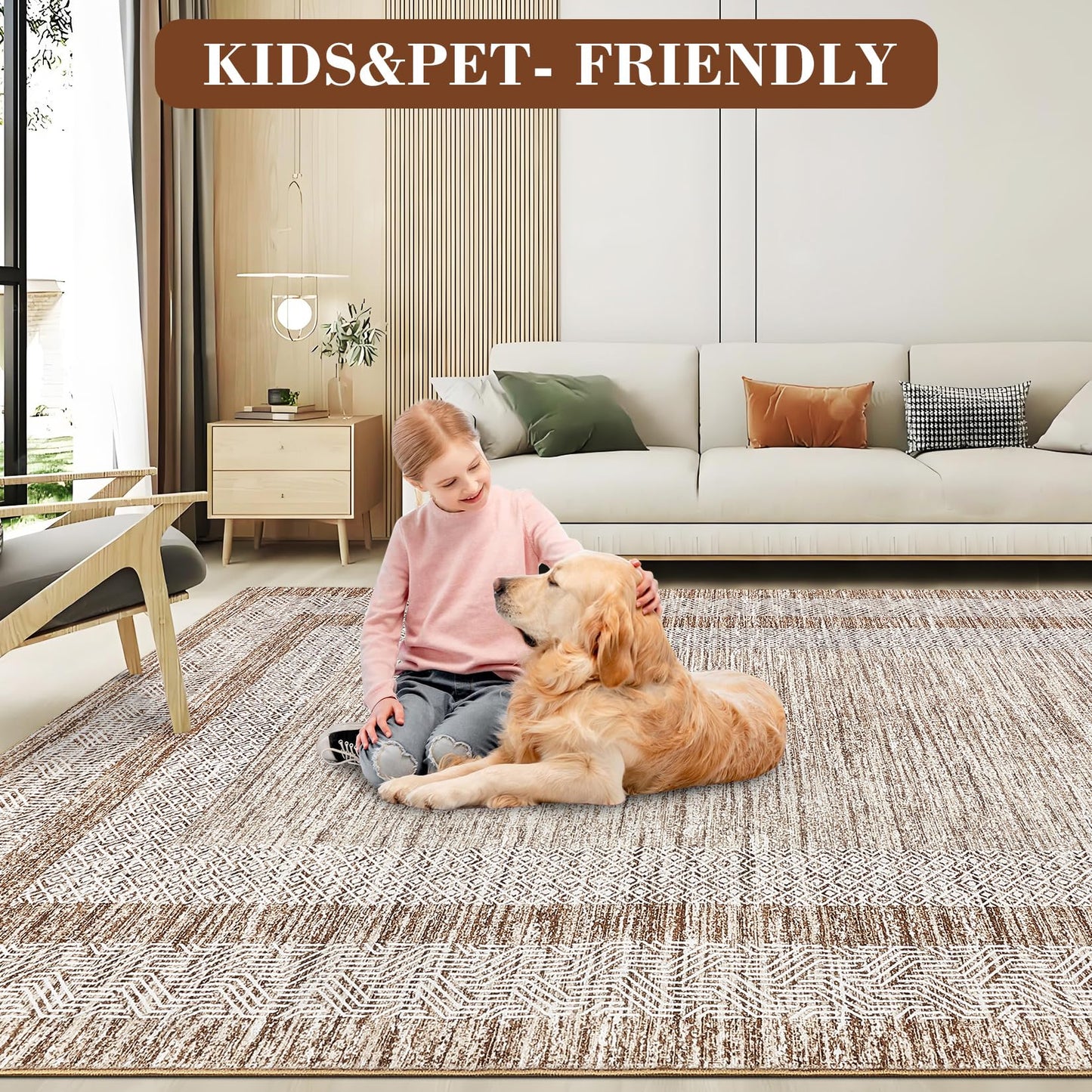 GarveeHome 2x6 Modern Bordered Runner Rug Soft Non Slip Runner Washable Non Shedding Floor Carpet, Distressed Geometric Hallway Runner, Indoor Printed Runner for Kitchen, Entrance, Brown