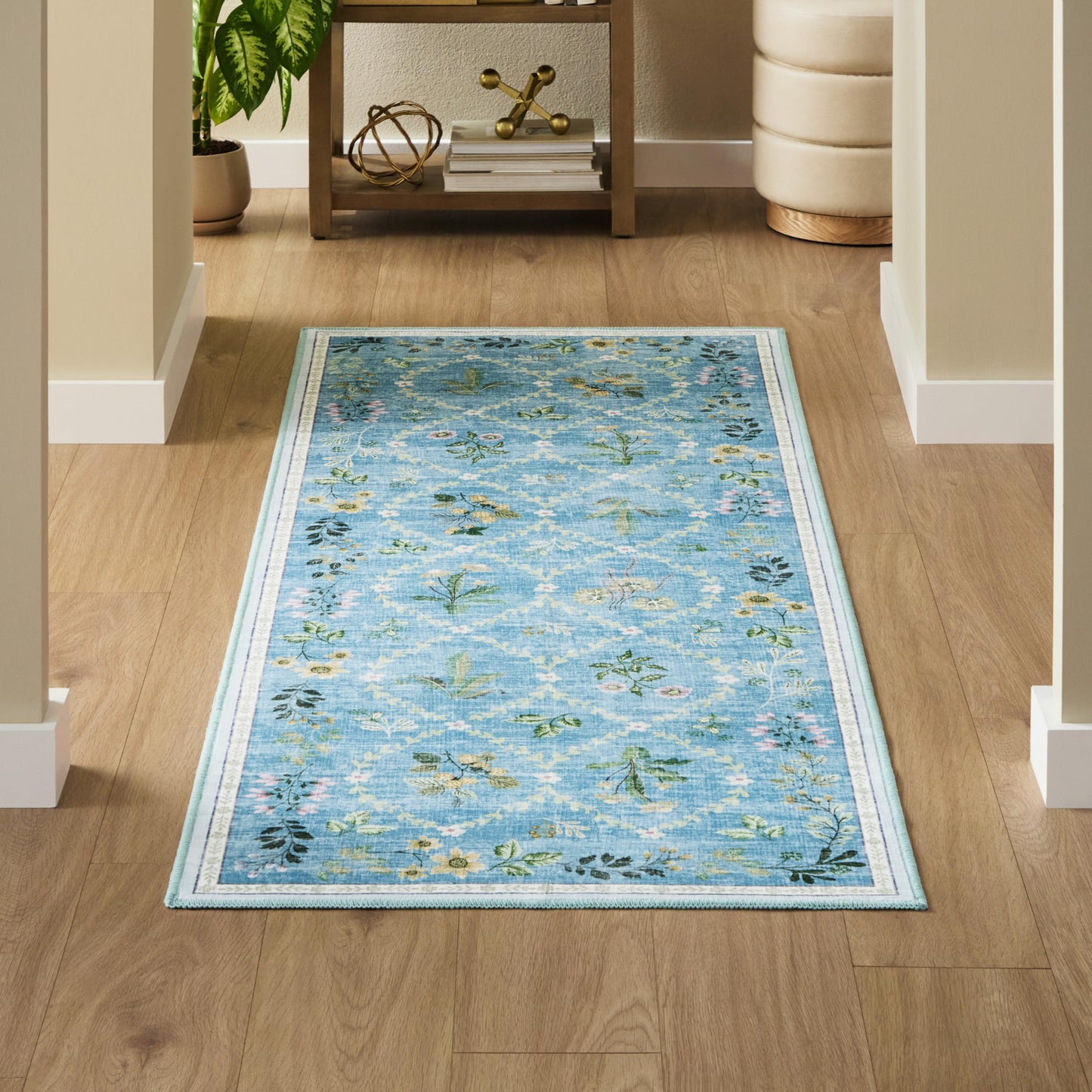 EVERWASH Haven Floral Trellis Machine Washable Area Rug with Airflo Technology for Easy Clean, Ultra-Soft Non-Slip Rug with Built-in Pad, Pet, Family & Allergy Friendly, Blue, 2'6"x7'