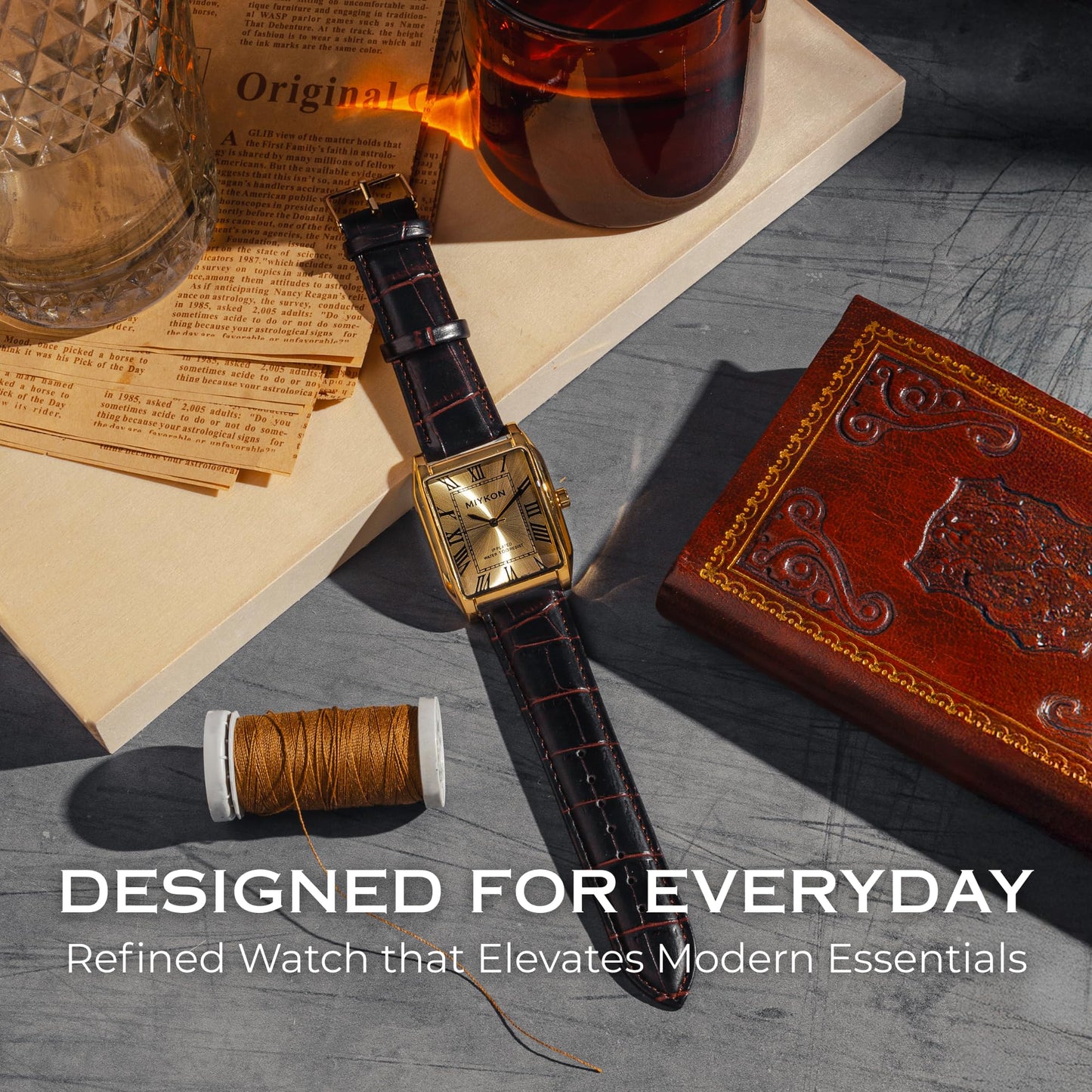 Miykon Vintage Watches for Men - Tank Square Gold Analog Watch with Brown Genuine Leather Wrist Strap for Classic Dress - Japanese Quartz, Waterproof to 100ft