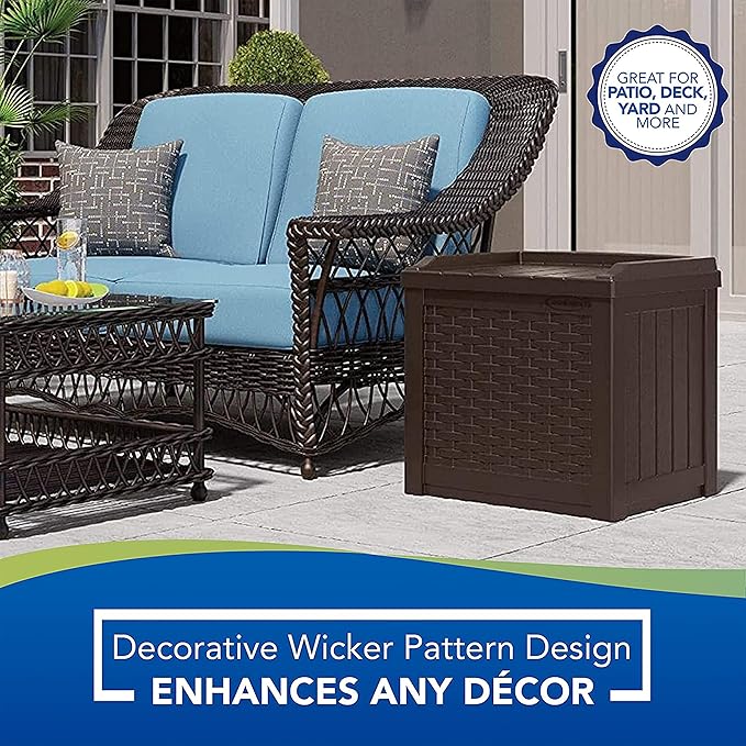 Suncast Small Outdoor Storage Box - 22 Gallon Java Resin Outdoor Deck Box, Flat-Lid Bench Seating, Patio Storage Bin Container for Organizing Toys, Tools, Cushions for Porch, Deck, Pool, & Garden