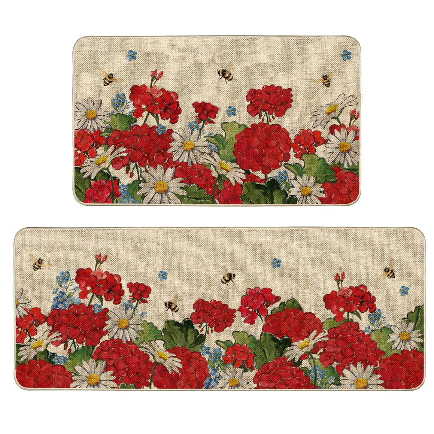 Tikeciti Spring Summer Red Geranium Kitchen Mats Set of 2, Bee and Flower Kitchen Rugs Seasonal Vibrant Daisy Holiday Floor Non-Slip Low Profile Mat Farmhouse Home Decor 17x29 and 17x47 Inch