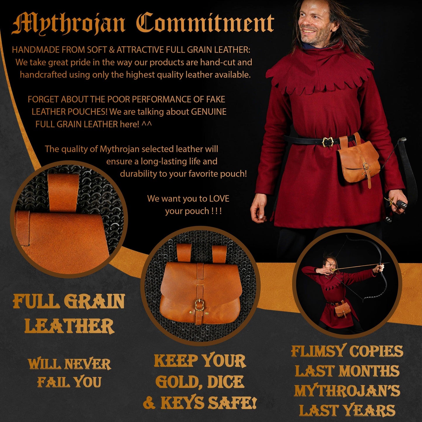 Mythrojan Medieval Leather Belt Pouch Vintage Waist Bag for LARP, Renaissance Fairs, Costumes, Cellphone Holder, Travel Wallet, Fanny Pack, Holster Purse Durable & Stylish Pouch - Brown, 6.2" x 7"