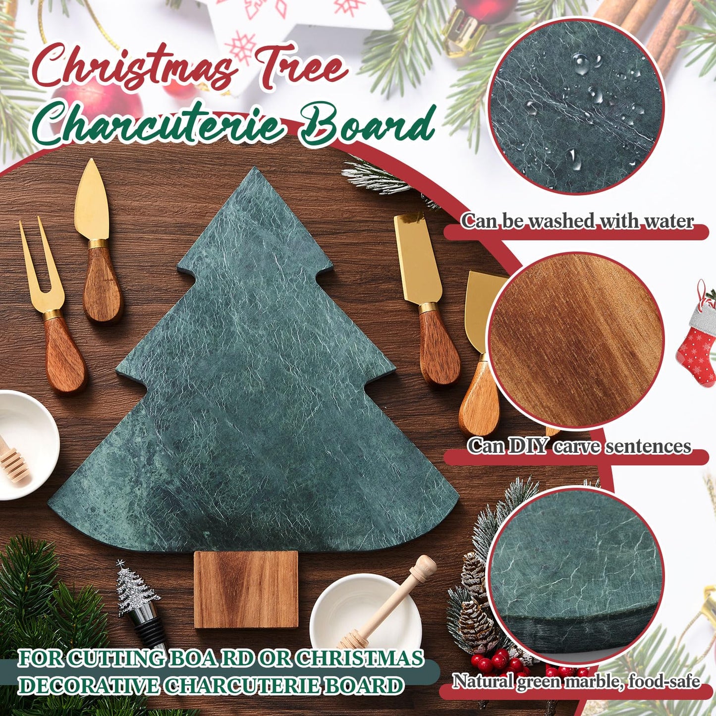 10 Pcs Christmas Tree Charcuterie Board Gift Set with Marble Wood Cutting Serving Tray Cheese Knives Fork Honey Stick Wine Stopper Flavoring Dish Kitchen Utensils Gifts for Xmas Holiday Party Favor