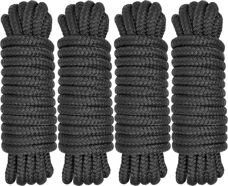 Boat Dock Lines 1/2" x 15' - Double Braided Nylon Boat Ropes for Docking with 12" Loop, Marine-Grade High Strength Boat Lines Dock Rope, Premium Marine Rope Mooring Lines, Easy Handling - 4 Pack,Black