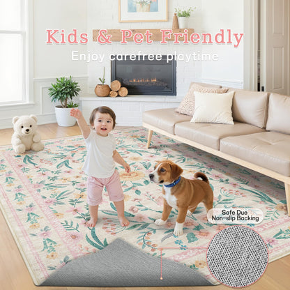 Dadasgk 5x7 Pink Floral Nursery Rug,Pink Rugs for Bedroom Girls,Machine Washable Non Slip Soft Faux Wool Carpet,Cute Boho Indoor Area Rugs for Kids Room or Playroom