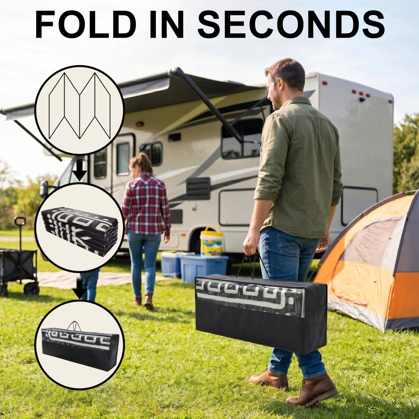 CircleRoad RV Outdoor Rug 9x12 Waterproof Patio Rug Mat with 4 Stakes UV Resistant Reverisble Plastic Straw Outdoor Rug with Carry Bag for RV Camping Picnic Beach