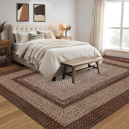 RUGSREAL 8x10 Area Rug Washable Large Living Room Rug Non Slip Farmhouse Rustic Floor Carpet Boho Accent Bedroom Rug Modern Geometric Throw Floor Cover Bohemian Border Carpet, Brown