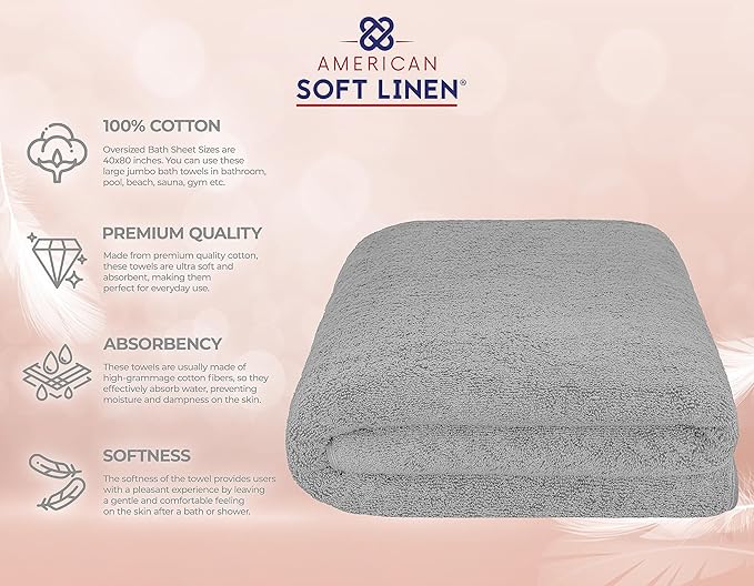 American Soft Linen 100% Cotton 600 GSM Turkish 40x80 Oversized Bath Towel Sheet