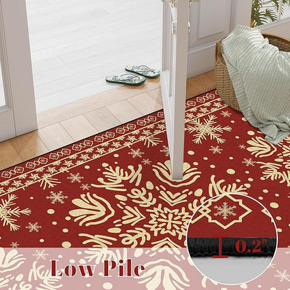 2' X 3' Christmas Rug Snowflake Area Rug Indoor Washable for Kids Girls Boys Women Entryway Dorm Laundry Xmas Doormat Red Merry Christmas Indoor Floor Mat Pad Carpet