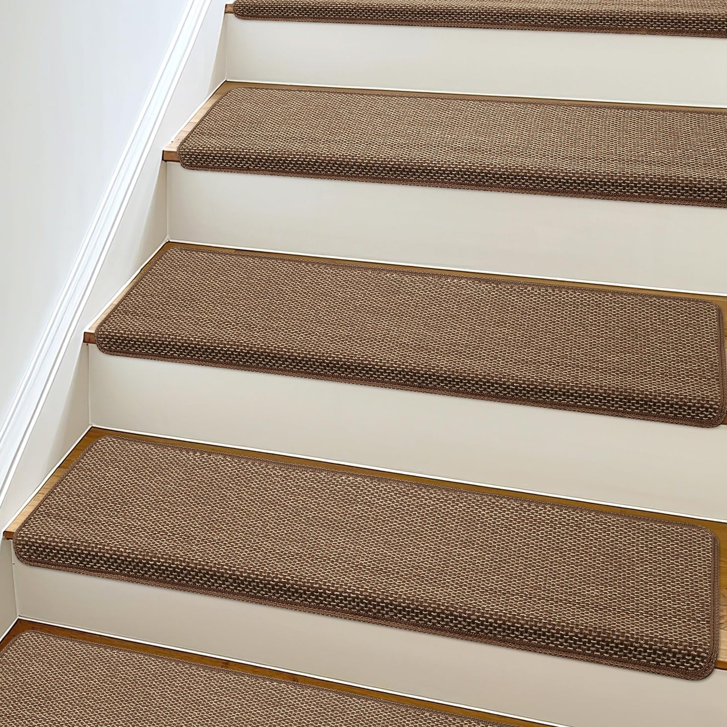 SMILOOL Bullnose Carpet Stair Treads Non Slip for Wooden Steps Indoor, 9.5" x 35" 14 Pieces, Extra Wide Bull Nose Carpet Runners for Wood Stairs, Step Covers, Stair Tread Rugs, Washable, Brown