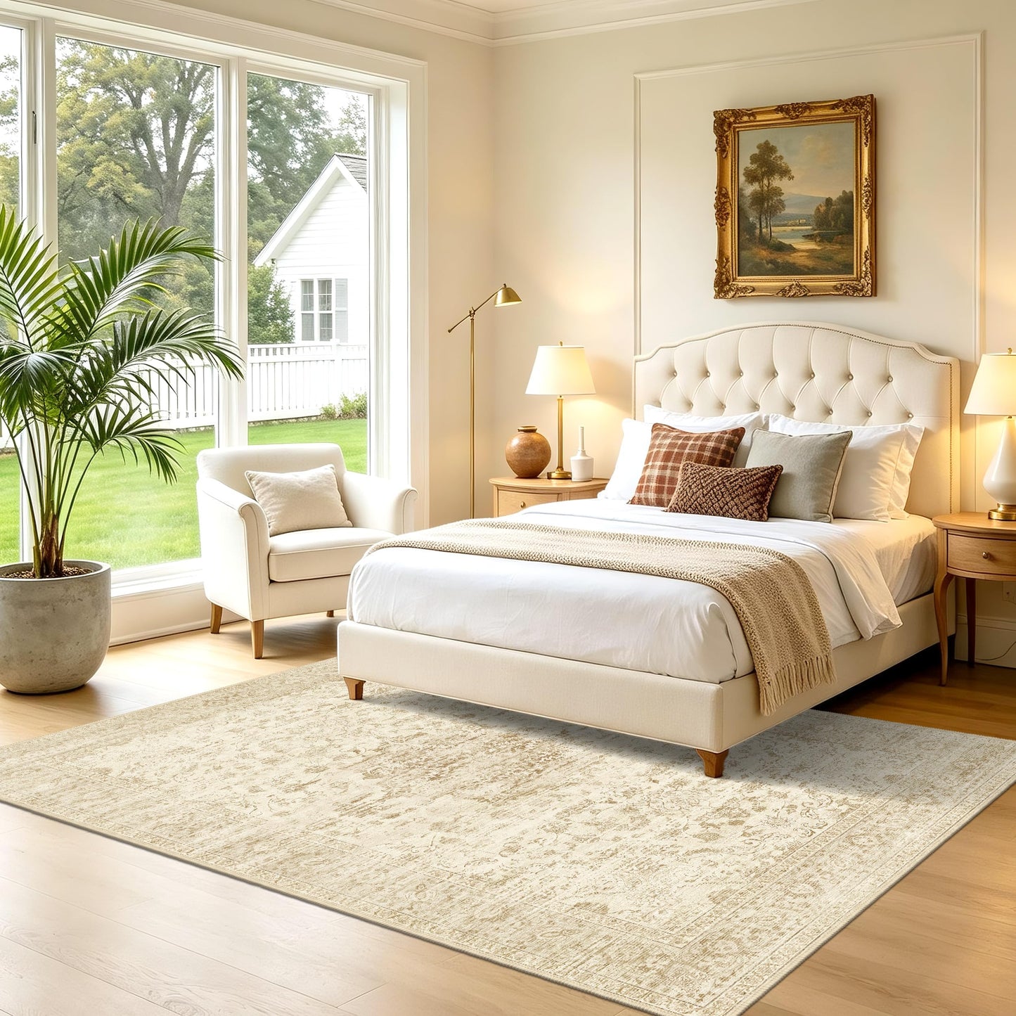 TTelephant Beige Washable Rugs 5x7, Neutral Vintage Boho Carpet for Bedroom, Living Room and Dining Room, Low Pile Nursery Area Rug with Non-Slip Silicone Backing, Non-Shedding