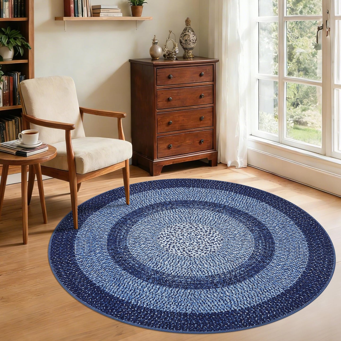 Modern Bordered Round Area Rug 4ft Washable Bedroom Circle Rugs Non Slip Stain Resistant Dining Room Round Throw Carpet Contemporary Circle Mats for Living Room Kitchen Nursery, Navy