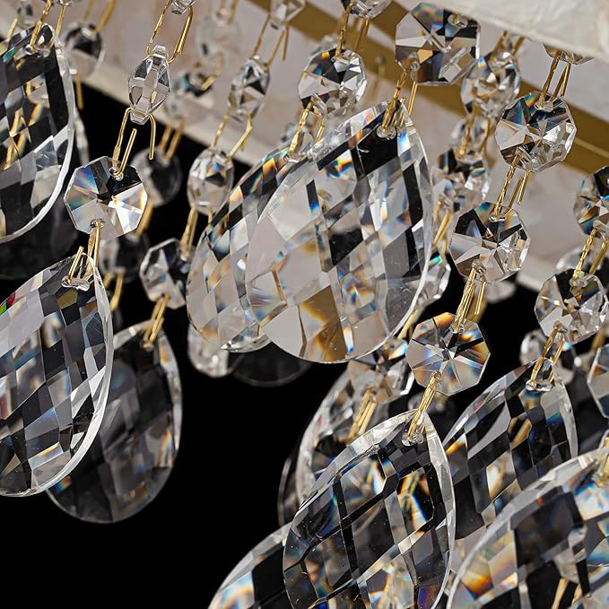4-Lights Drum Capiz Shell Crystal Chandeliers, Coastal Style Pendant Light Fixture for Dining Room, Living Room, D16 x 20~67"(Adjustable), Shell Lampshade & Gold Finish