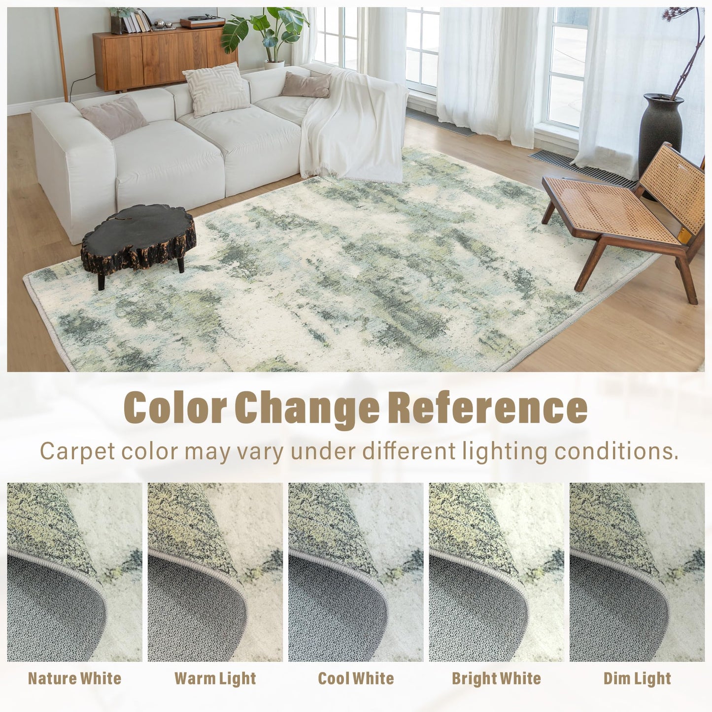 Carvapet 6x9 Large Sage Green Rugs for Living Room Bedroom Dorm, 9 x 6 Feet Washable Green Modern Abstract Low Pile Carpet with Rubber Backing, Foldable, Non Slip Thin Area Rug, Ultra Soft