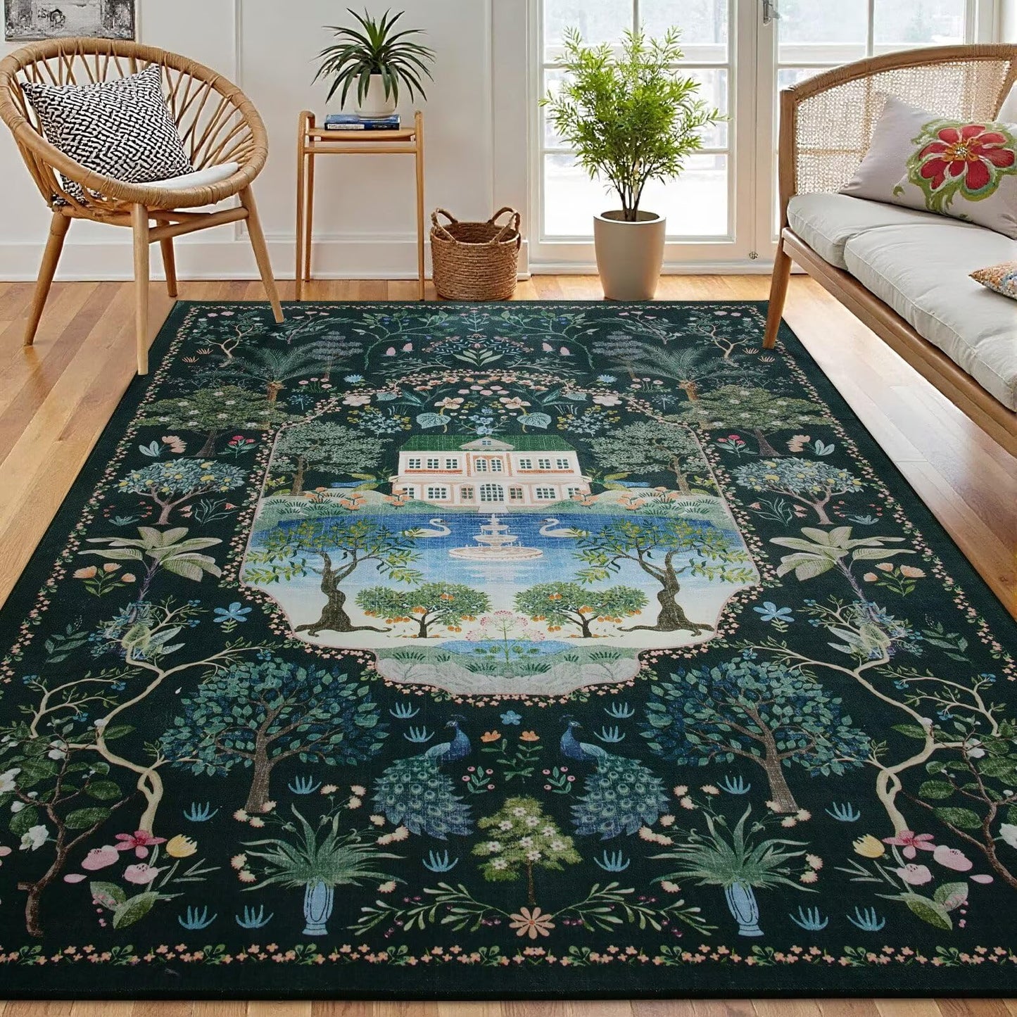 Vasofe 3x5 Bedroom Rug,Washable Rugs for Entryway, Living Room, Indoor Floor Mat, Modern Animal Peacock Floral Mats for Nursery, Farmhouse, Laundry Room, Non Slip Low Pile Soft Carpet, Black Green