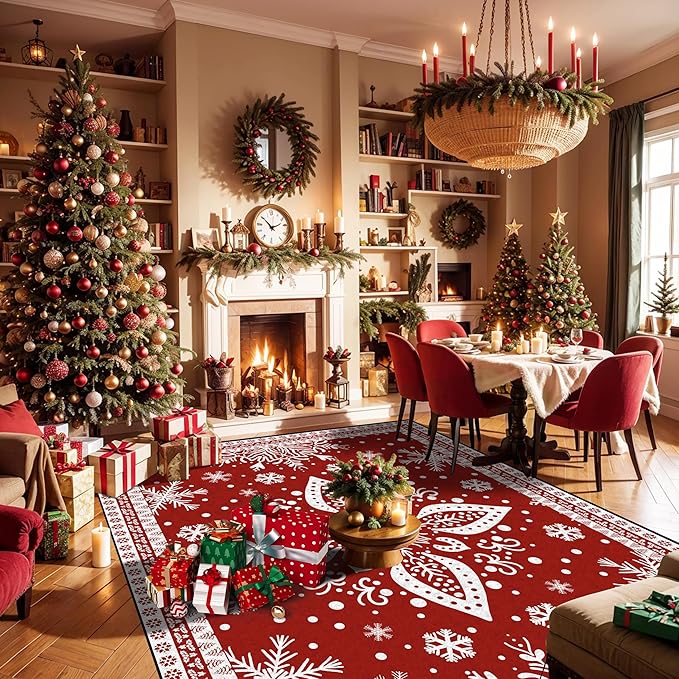 6' X 9' Christmas Rug Red Snowflake Area Rugs Washable for Kids Girls Women Floral Snowflake Carpet for Living Room Bedroom Nursery Dining Room Classroom Indoor Floor Mat