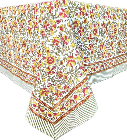 ATOSII Marigold 100% Cotton Spring Summer Tablecloth, Block Print Rectangle Table Cover for Dining, Parties, Weddings, Outdoors, Grand Millenial Decor 60 X 108 Inches I 8 Seater I
