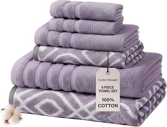 Modern Threads Oxford 6-Piece 100% Cotton Towel Set – Yarn Dyed Jacquard &