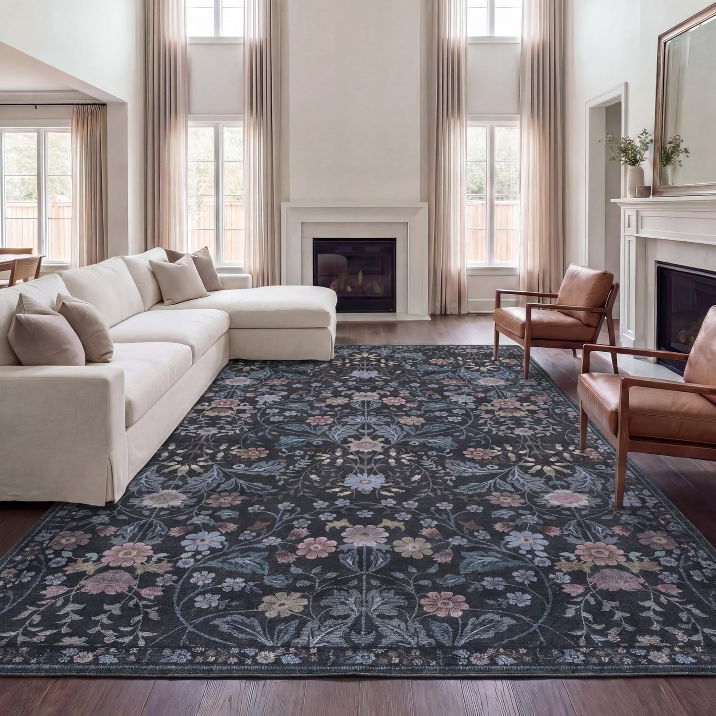 JONATHAN Y Ultra-Soft Machine-Washable Rug with Non-Skid Backing, Dark Gray/Multi 8'x10' Primrose Art Nouveau Floral Border, Non-Shedding, Velvet Luxury Feel for Living Room, Dining Room, Bedroom