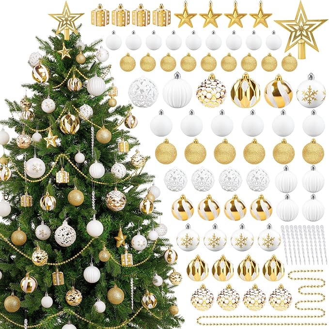 Ouddy Decor 84 Pcs Christmas Tree Ornaments Set, Gold and White Christmas Decorations Shatterproof Plastic Glittery Baubles for Wreath Garland Wedding Party Holiday New Year Home Decor, Gold & White