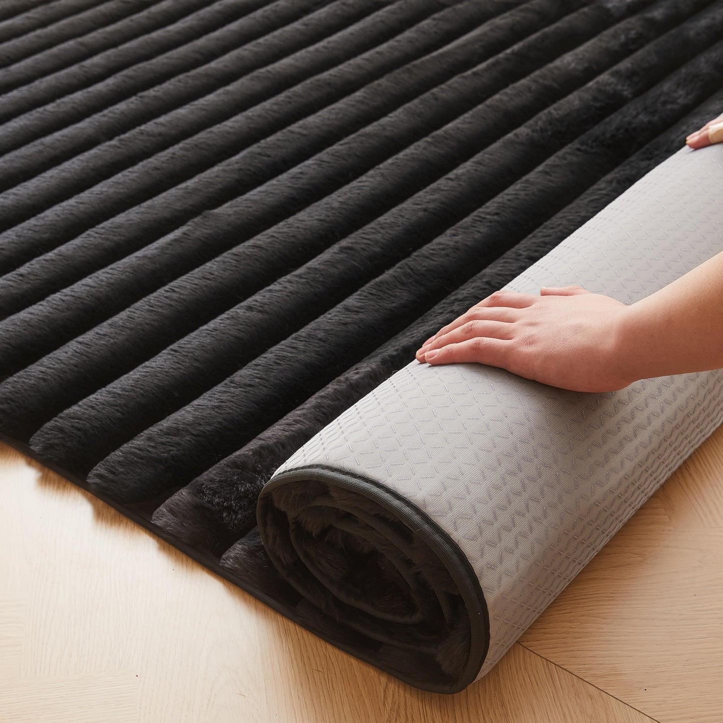 Black Rabbit Striped Plush Rug 6'x9', Fluffy Shaggy Area Rug for Nursery & Kids Room, Faux Fur Carpet for Girls Bedroom, Living Room, Teen Decor