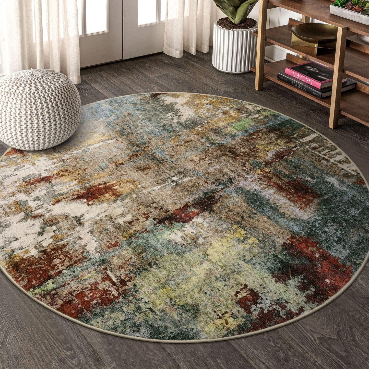 Lahome Modern Abstract Round Rug 4Ft - Washable 4x4 Circle Rugs for Living Room Bedroom Bathroom Non Slip, Soft Indoor Floor Carpet for Kitchen Entryway Family Room, Red/Multi