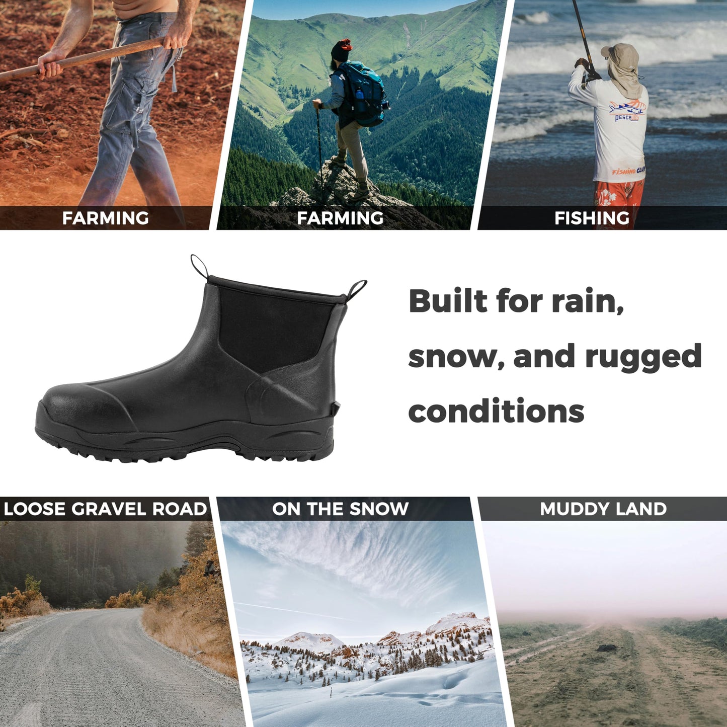 Ubon Insulated Rubber Boots for Men Waterproof Short Rain Boots Black 10