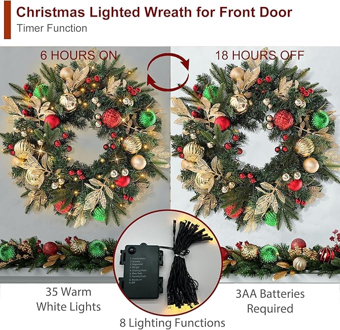 Christmas Lighted Wreath for Front Door, 28 Inches Pre-Lit 35 LED Lights, Red and Green Classic Artificial Holiday Wreath for Indoor Outdoor Home Decorations