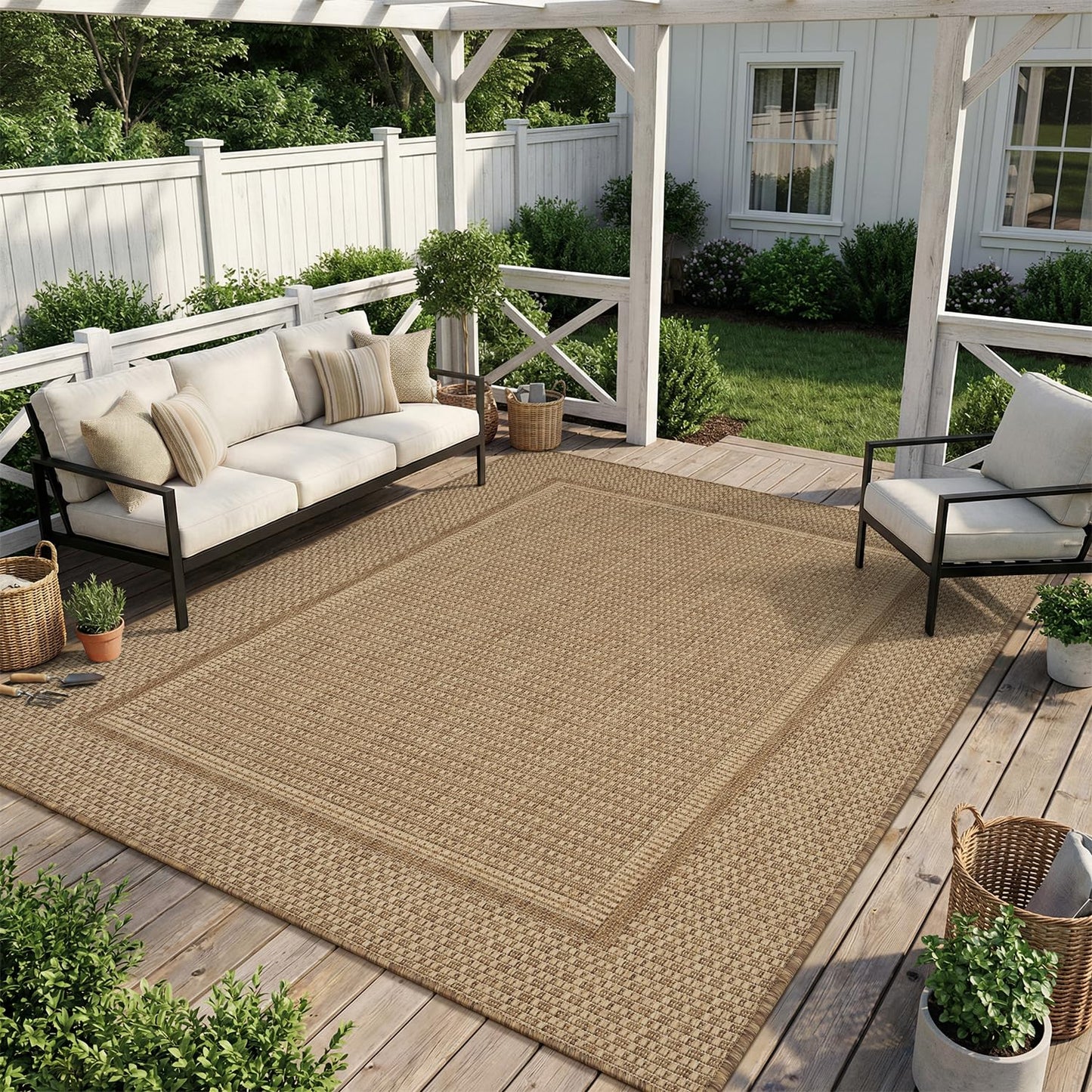 MontVoo-Outdoor Rug-Patio Rug 5x7 ft Polypropylene Indoor Outdoor Rugs Outdoor Carpet for Patio Deck Balcony Porch, Textured Weave, Durable for High Traffic, Fade-Resistant, Modern Neutral Brown