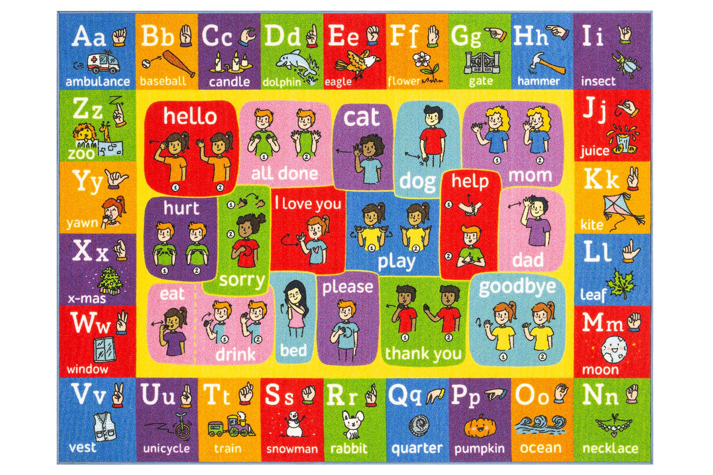 KC Cubs 3x5 ABC Alphabet ASL Sign Language Rug – Educational Non-Slip Carpet Play Mat for Kids, Toddlers, Nursery, Classroom, Playroom, Baby, Daycare