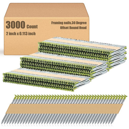 Yaocom Framing Nails, 30 Degree, Offset Round Head, Galvanized, 30 Degree Collated Framing Nails for Most 30-34 Degree, Paper Tape Collated Framing Nails, 2" x 0.113", 3000 Count