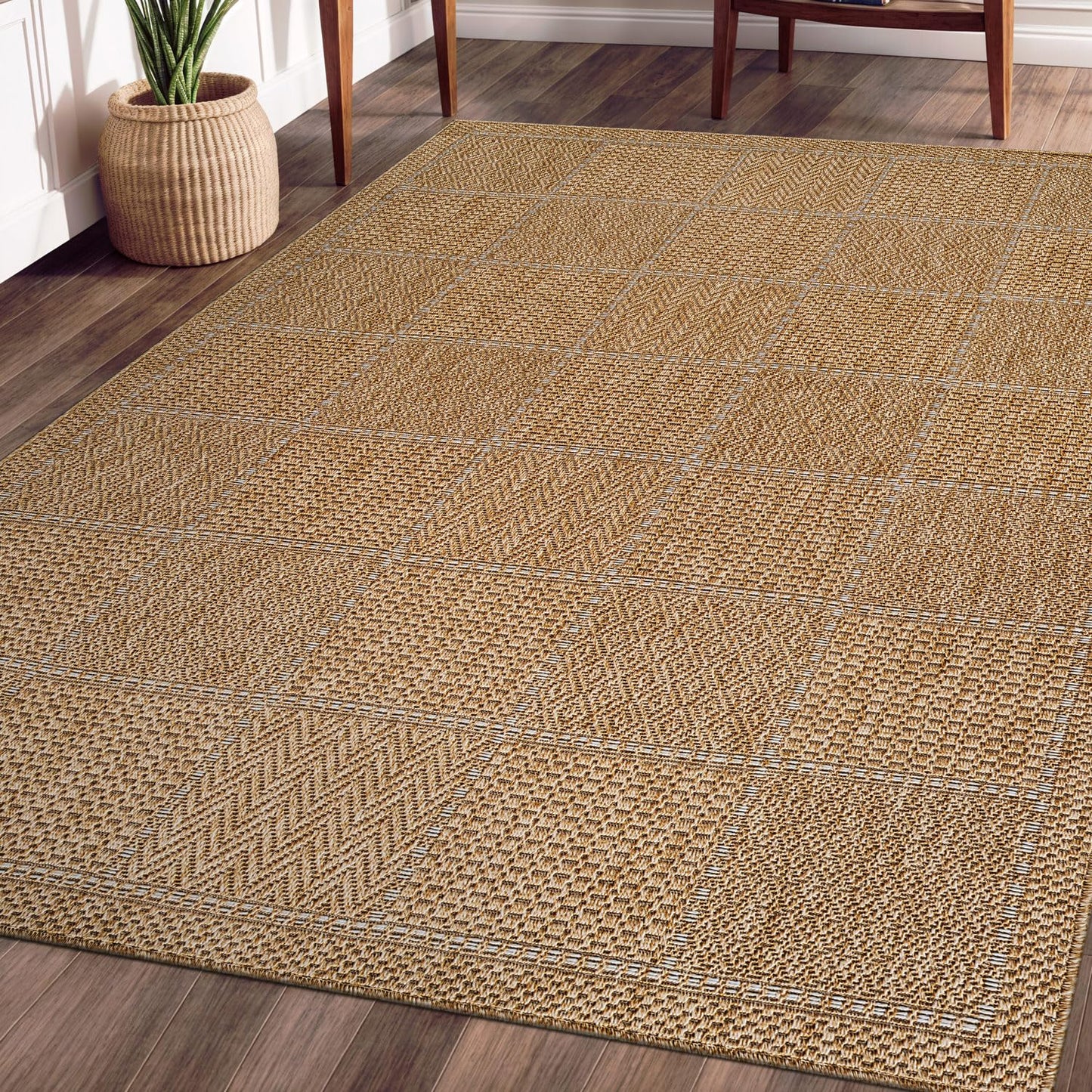 Beverly Rug Easy Jute Checkered Squared Rug 10x14 Washable Large Indoor Outdoor Area Rugs for Living Dining Room Patio Office Stain Resistant Non Shedding Casual Indoor Outside Carpet 10 x 14 Natural