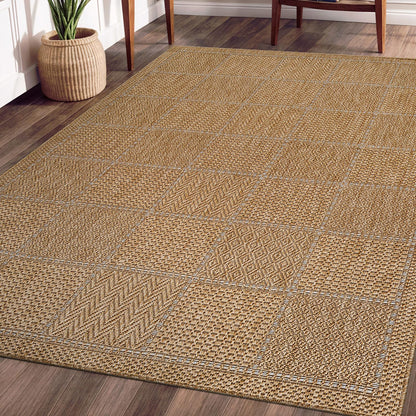 Beverly Rug Easy Jute Checkered Squared Rug 10x14 Washable Large Indoor Outdoor Area Rugs for Living Dining Room Patio Office Stain Resistant Non Shedding Casual Indoor Outside Carpet 10 x 14 Natural