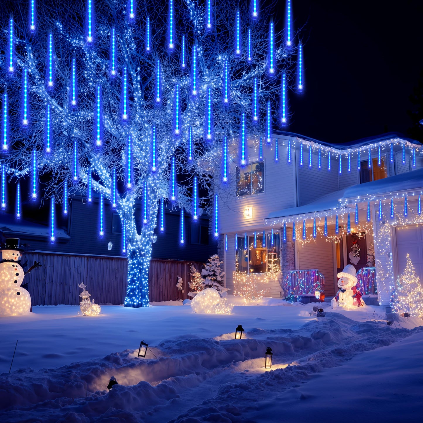 JOYIN Christmas Lights Outdoor,8 Tubes Meteor Shower Lights Blue,192 LEDs, Snowfall Icicle Cascading Rain Light for Christmas Tree Decorations, Wedding Party Holiday Decor