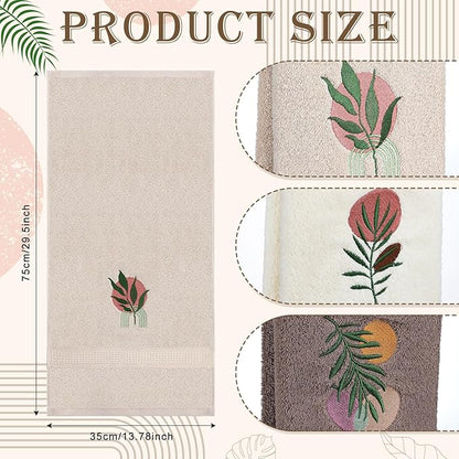 3 Pack Boho Leaves Hand Towels for Bathroom 100% Cotton Embroidered Bathroom