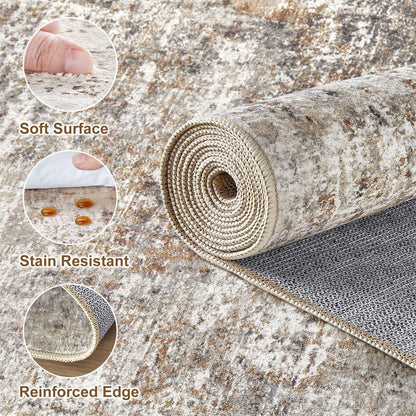 10x14 Area Rugs for Living Room: Washable Large Neutral Abstract Rug Soft Non Slip Stain Resistant Low Pile Indoor Carpet for Bedroom Dining Room Nursery Office Playroom - Brown Grey