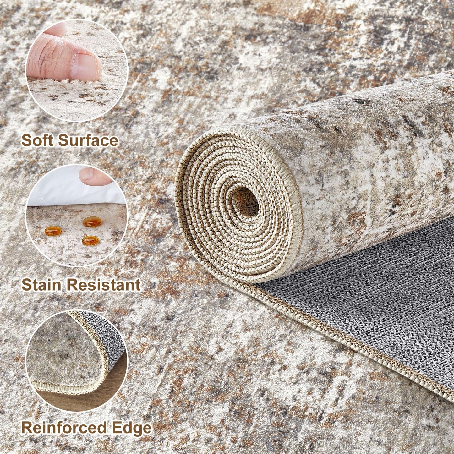 9x12 Area Rugs for Living Room: Washable Large Neutral Abstract Rug Soft Non Slip Stain Resistant Low Pile Indoor Carpet for Bedroom Dining Room Nursery Office Playroom - Brown Grey