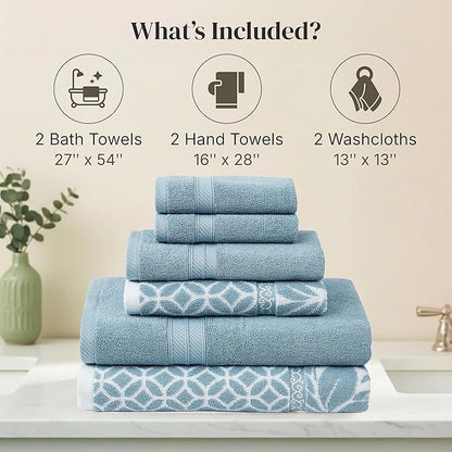 Modern Threads Trefoil Filigree 6-Piece 100% Cotton Towel Set – Reversible Yarn