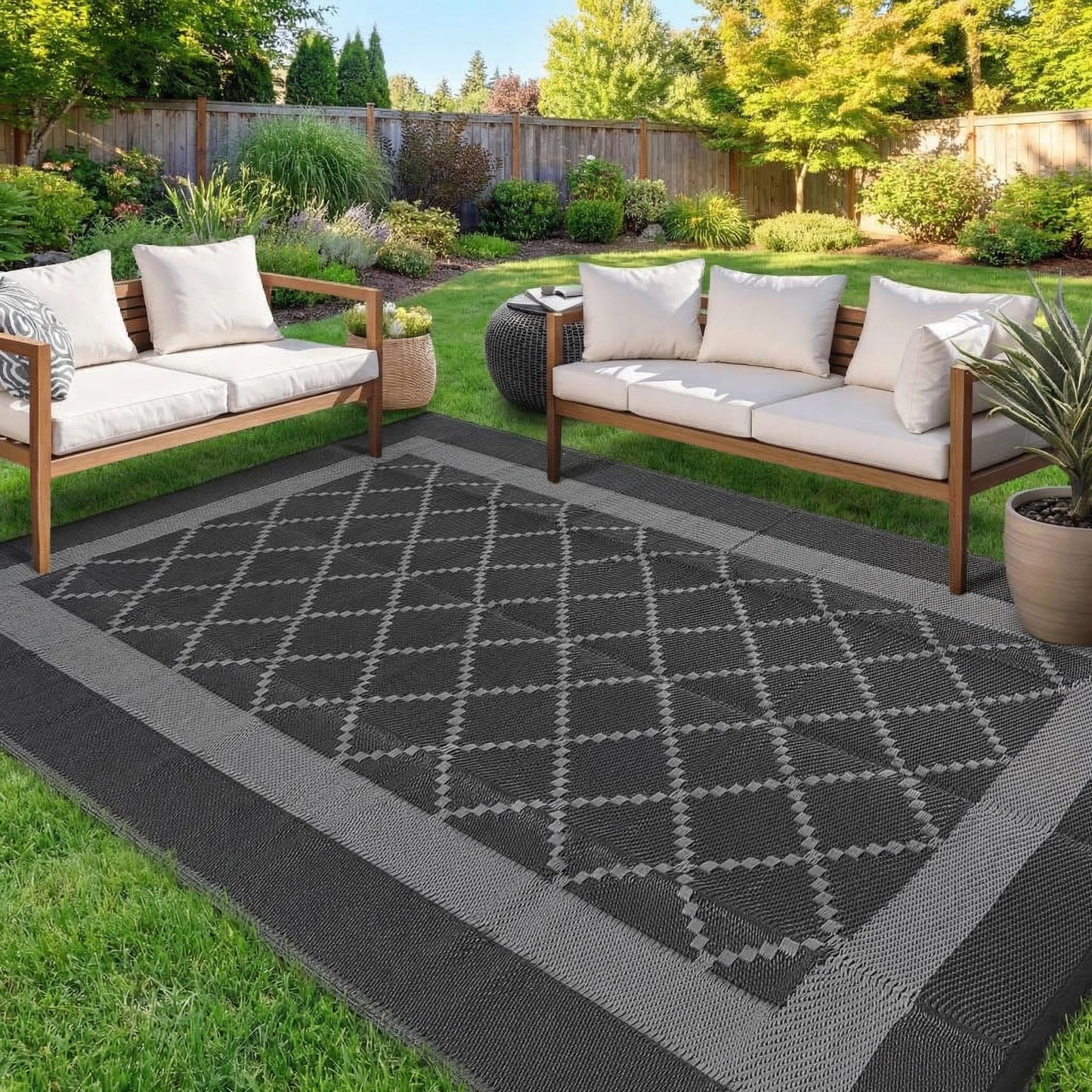 GAOMON Patio Rug 9x18 Waterproof Outdoor Plastic Straw Rug Reversible Camping Mat, Foldable Portable RV Picnic Carpet with Bag & 4 Stakes, UV Resistant Outside Carpet for Deck Balcony, Black&Grey