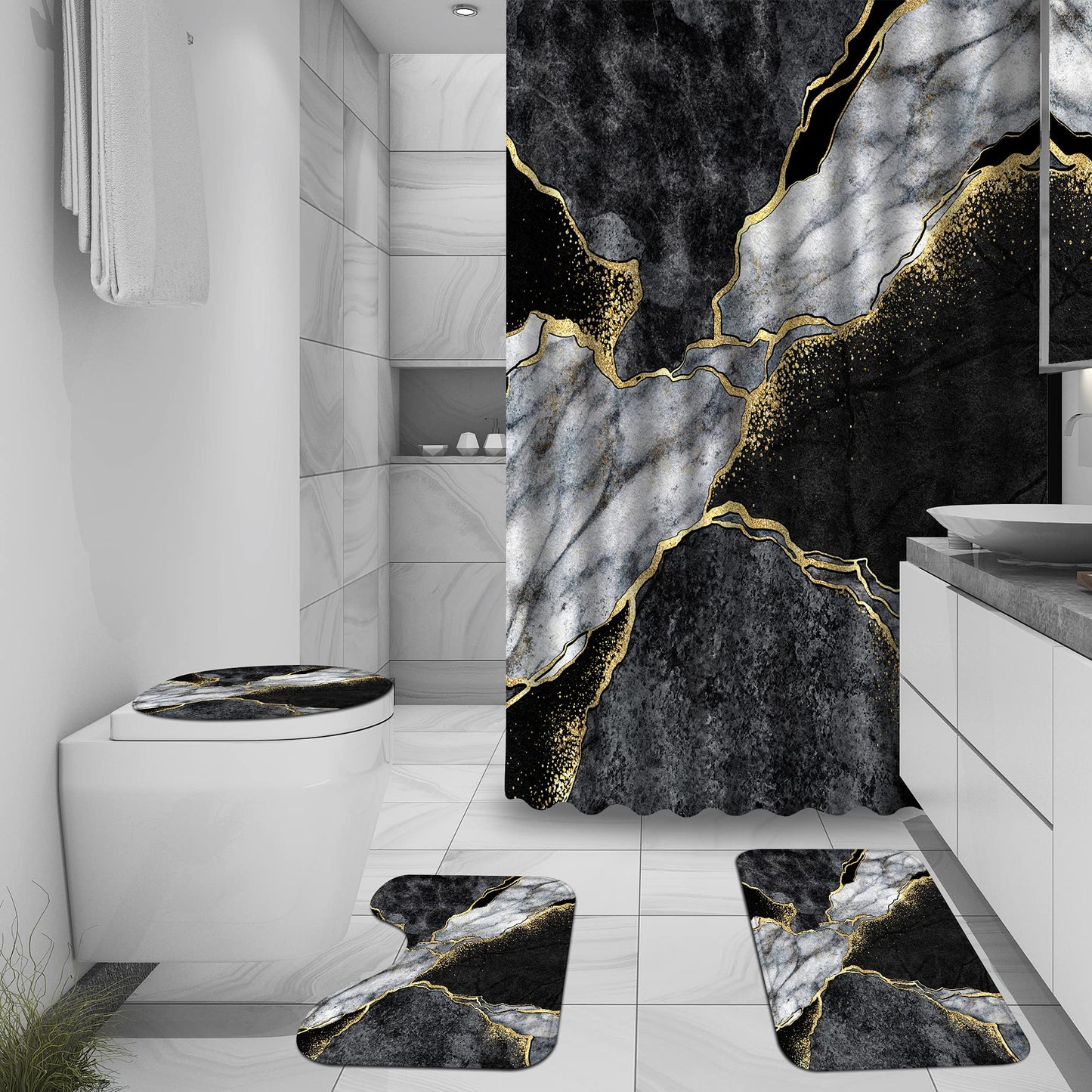 4 Pcs Marble Shower Curtain Sets, Gold Cracked Lines Crystal Geode Black Grey Bathroom Decor, Rug Toilet Lid Cover and Non-Slip U Shape Mat, Waterproof Polyester Shower Curtain with 12 Hooks, 72 x 72