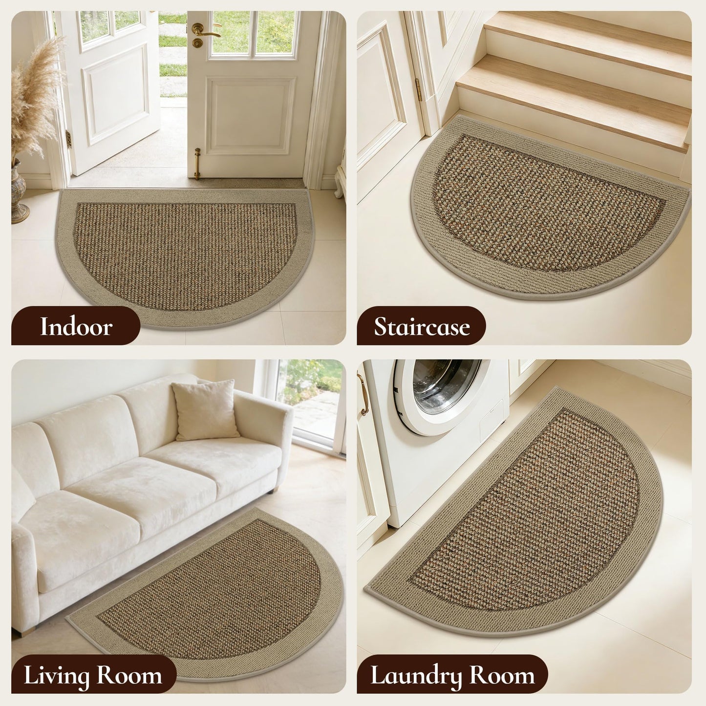 FLOORHUG Half Circle Door Mat Indoor Entrance Welcome, Non-Slip Washable Doormat, Trap Dirt and Moisture, Low Profile Mats for Indoor Entry, 17"x30", Beige