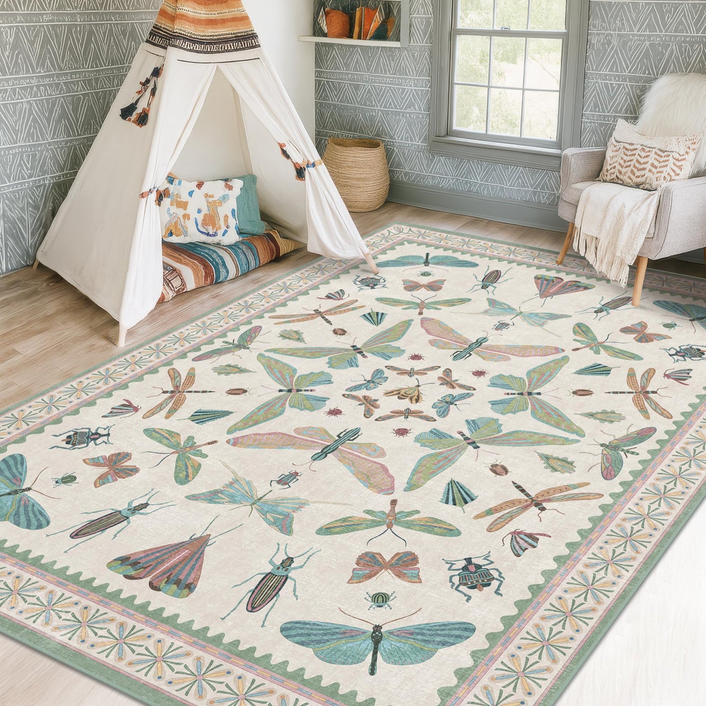 5x7 Pink and Green Nursery Rug - Colorful Rug for Playroom, Bedroom, Living Room, Insect Butterfly Floral Non-Slip Soft Carpet