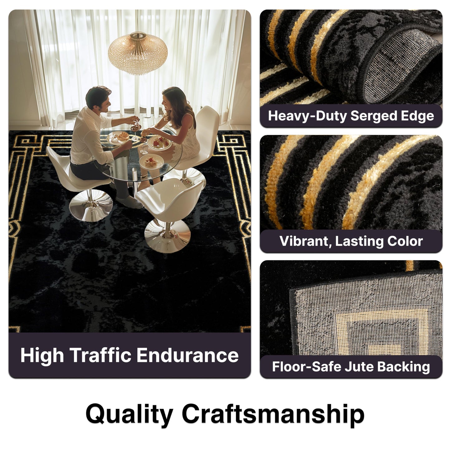 Well Woven Lezlee Abstract Modern 7'10" x 9'10" Area Rug Black Gold Marble Border - for Living Room, Dining Room, Bedroom