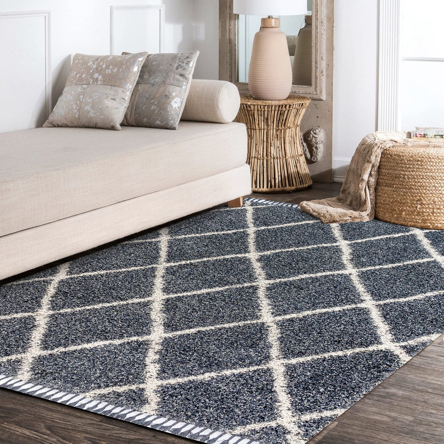 JONATHAN Y Mercer Shag Plush Tassel Denim Blue/Cream Indoor Area Rug, 3x5, Moroccan Geometric Trellis, Transitional, Easy-Cleaning for Living Room, Bedroom, Kitchen, Non-Shedding (MCR104A-3)