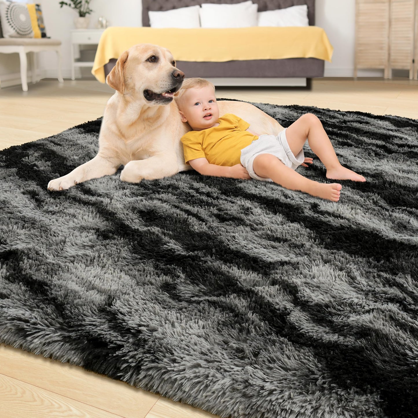 Tepook Fluffy Large Rugs for Living Room, 8x10 Area Rugs for Bedroom, Modern Shag Fuzzy Carpets for Kids Boys Girls, Plush Indoor Nursery Home Decor Rug with Non-Slip Bottom, Black Grey