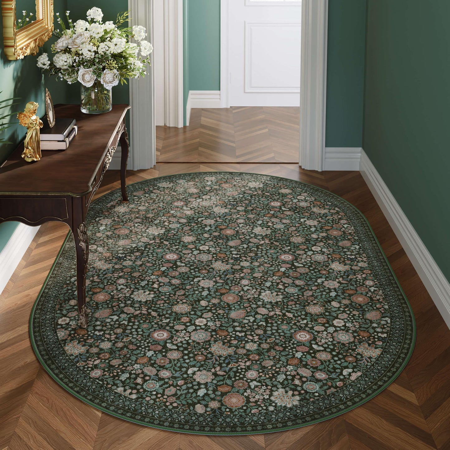 Clemile Floral Oval Rug 4x6 - Washable Ultra-Thin Living Room Rug Non-Slip Carpets - Soft & Stain Resistant Rug for Kitchen Bedroom Dining Room Indoor Nursery Dark Green